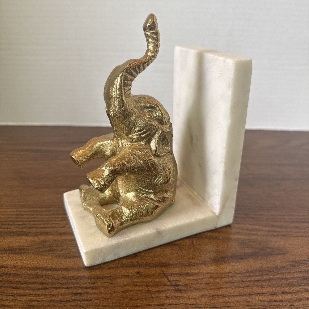 Vintage Solid Brass Elephant Book End on Stone Trunks Up For Good Luck